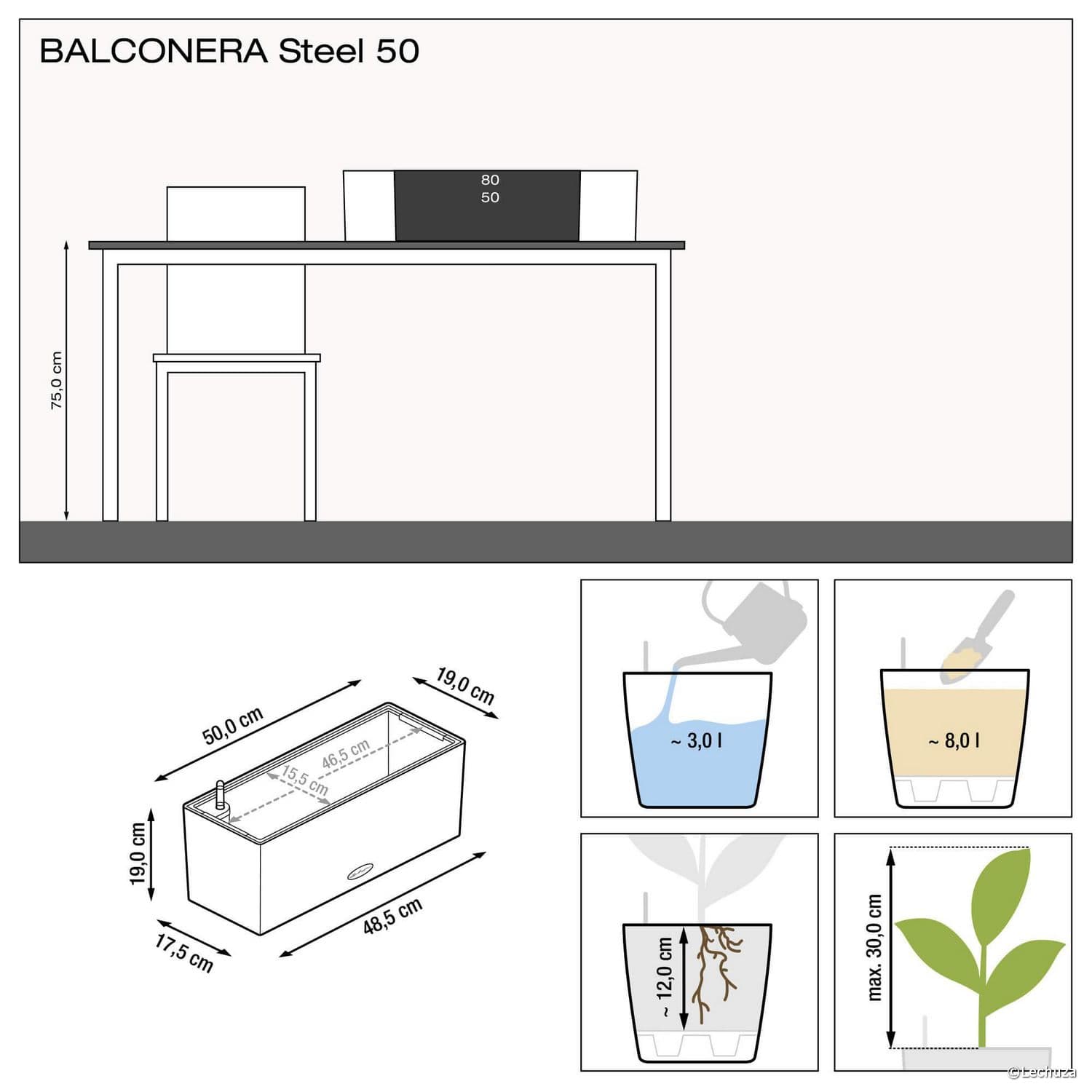 Wymiary oraz dodatkowe informacje o donicy Balconera Stal 50