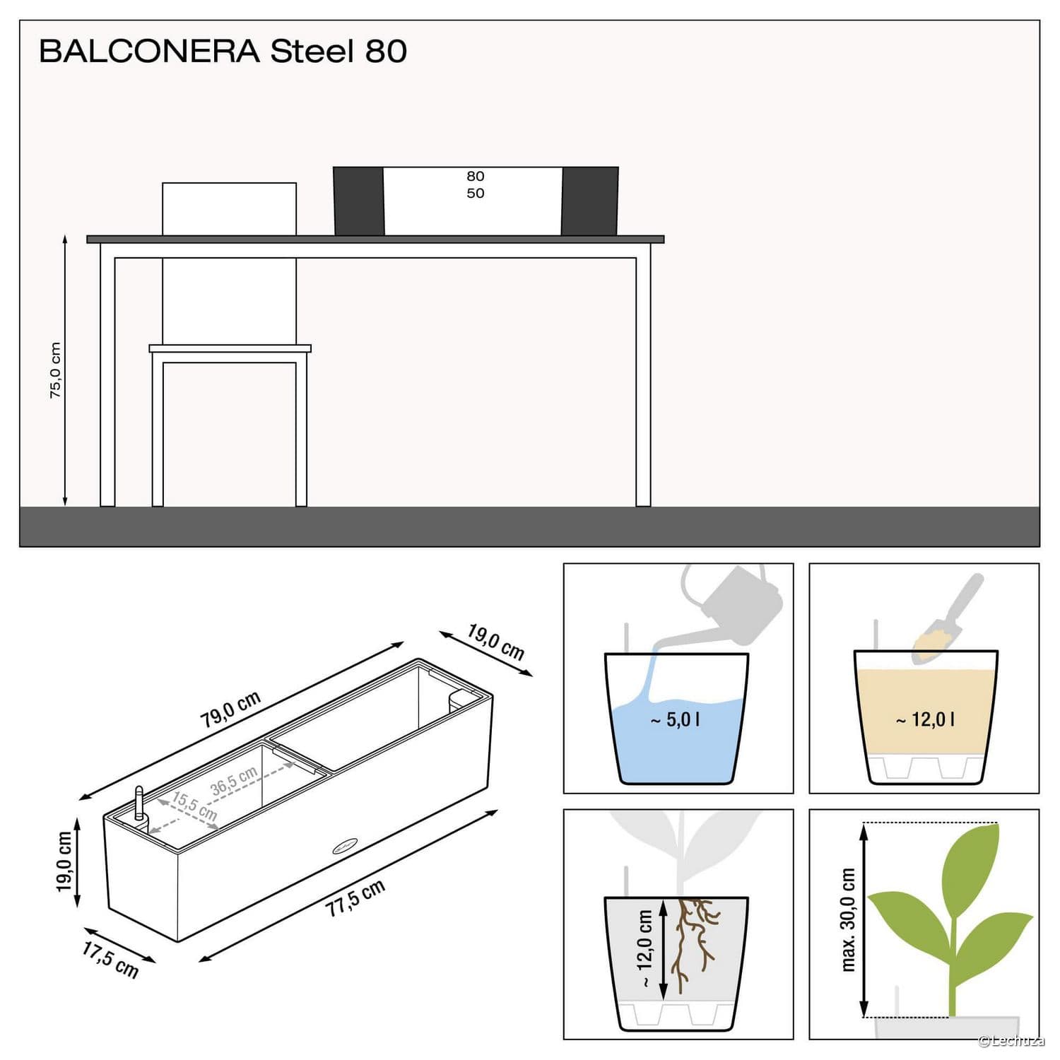 Wymiary oraz dodatkowe informacje o donicy Balconera Stal 80