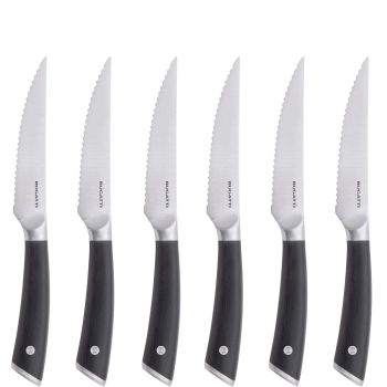 Casa Bugatti – Zestaw noży do steków Auberge z ząbkowanym ostrzem, czarne wykończenie, drewniane opakowanie, 6 szt.