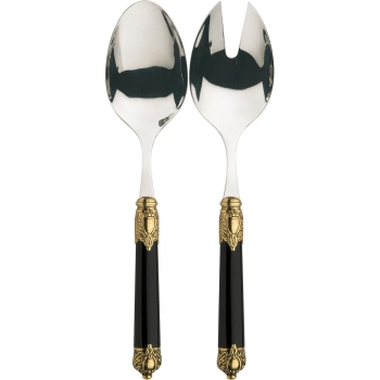 Casa Bugatti - Zestaw sztućców do sałatek Rinascimento – czarny, złoty pierścień, 2 elementy