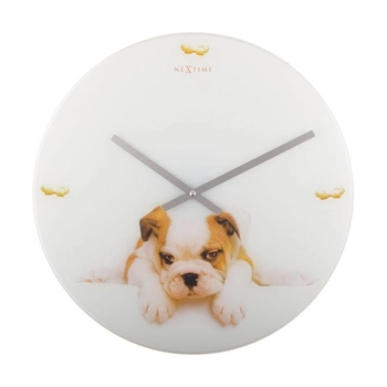 NeXtime – Zegar ścienny Puppy ze szkła, mlecznobiały, 43 cm