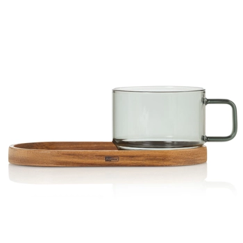 AdHoc – Zestaw filiżanka IMPACT – 300 ml z przyciemnianego szkła z podstawką z drewna akacjowego