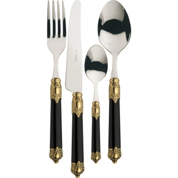Casa Bugatti - 24 częściowy zestaw obiadowy w opakowaniu Rinascimento – czarny, złoty pierścień, drewniane opakowanie