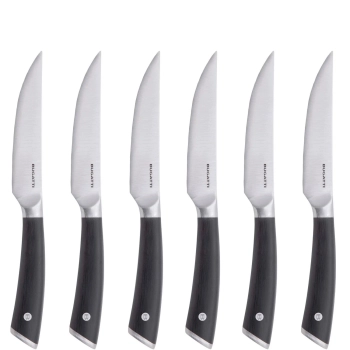 Casa Bugatti – Zestaw noży do steków Auberge z płaskim ostrzem, czarne wykończenie, drewniane opakowanie, 6 szt.